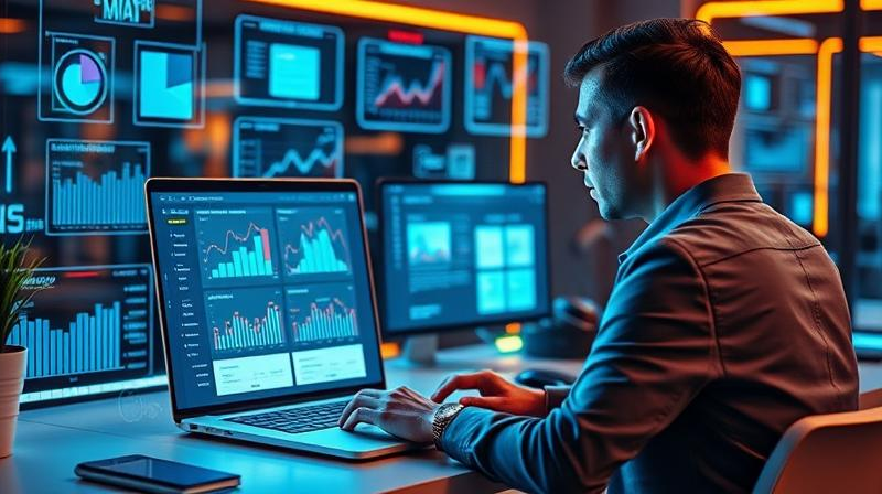 A marketing professional analyzing A/B test results on a sleek laptop screen, showcasing email performance metrics with click-through rates and engagement graphs. The background features a digital workspace with data-driven insights.