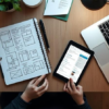 A UX designer’s workspace featuring sketches, wireframes, and a digital screen with UI elements.