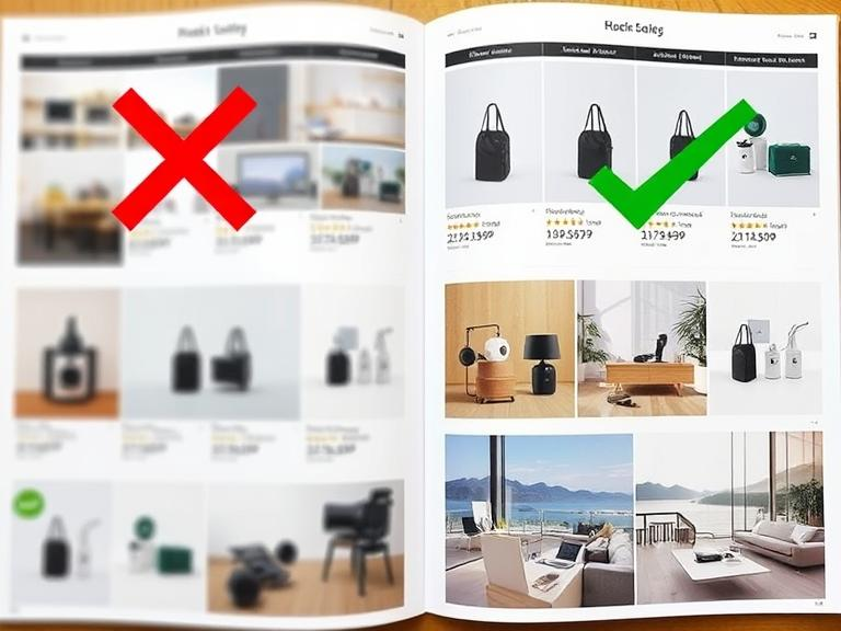 Comparison of poor vs. high-quality product images in a catalog layout.