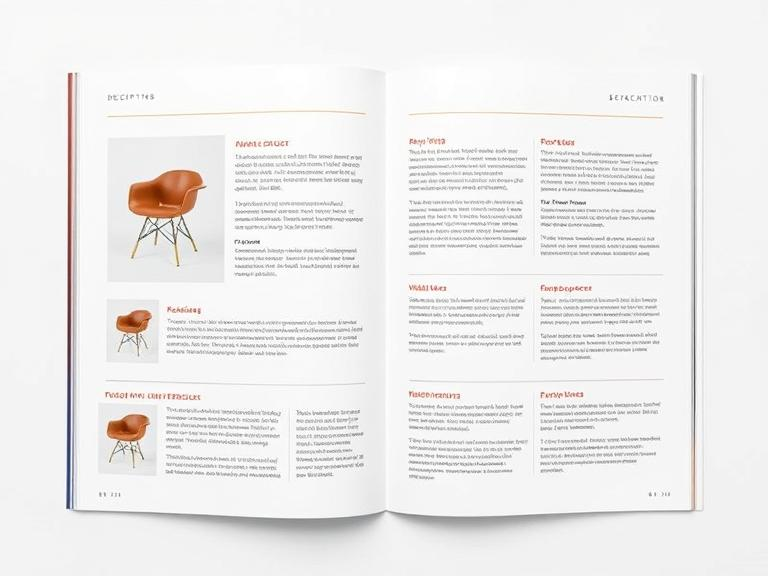 A catalog layout utilizing white space, icons, and structured design for better readability.