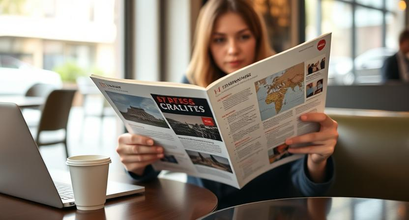 A person reading a brochure at a cafe, with a coffee cup and laptop nearby.