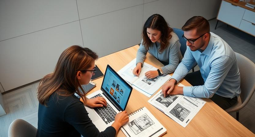 Alt Text: A team of designers working on a brochure project, using laptops and sketchbooks.
