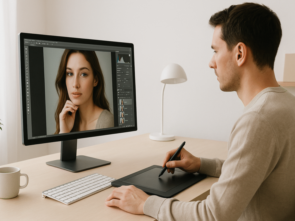 professional designer editing image on computer with stylus pen.