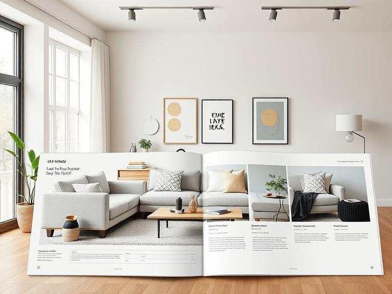 A catalog featuring a well-designed furniture spread with stylish interiors.