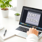 Person editing text on a photo using a laptop with graphic design software