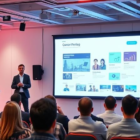 Confident presenter delivering an engaging PowerPoint presentation with clean visuals and an attentive audience in a modern conference room.