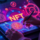digital artist creating NFT art on a tablet with futuristic holographic visuals and crypto symbols around.