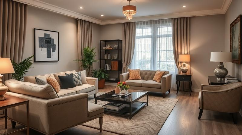 A stylish and well-decorated living room with a mix of modern and vintage furniture, soft lighting, and elegant color accents.