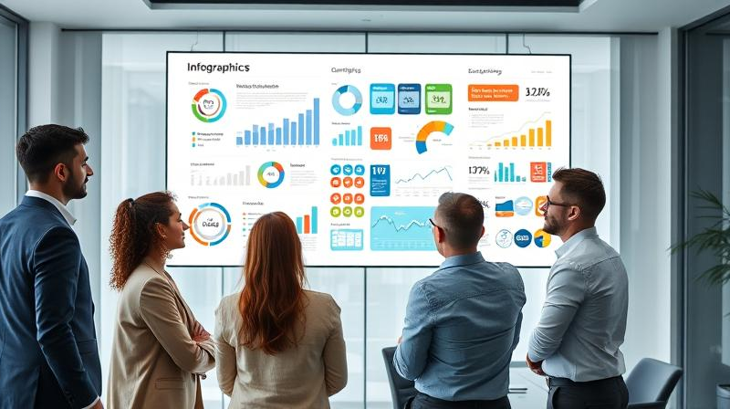 A visually striking infographic on a large digital screen in a modern office, with a team discussing design strategies.