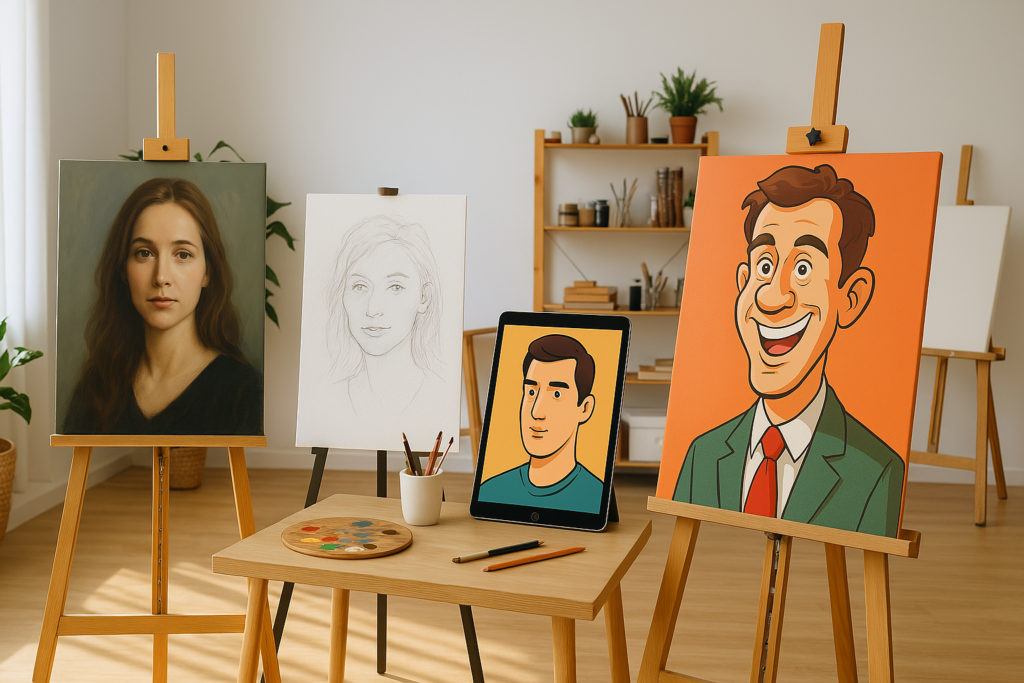 A modern art studio showcasing four portrait styles—realistic, sketch, vector, and caricature—each on a separate canvas, highlighting different artistic techniques in a bright, creative setting.