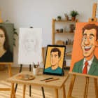 A modern art studio showcasing four portrait styles—realistic, sketch, vector, and caricature—each on a separate canvas, highlighting different artistic techniques in a bright, creative setting.