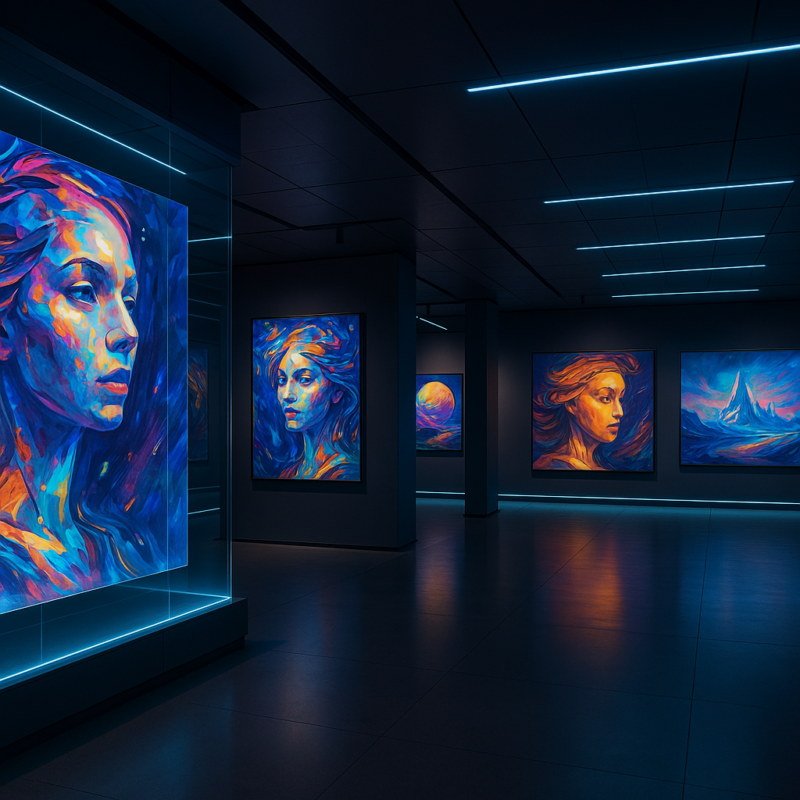 Futuristic digital gallery with high-resolution AI-generated art displays.
