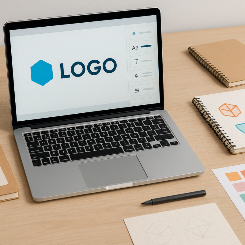 Modern desk setup with a laptop displaying a free logo design tool, surrounded by coffee, sketchpad, and design supplies.