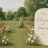 Modern 2025 wedding setup with floral decorations and chic welcome signage.
