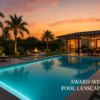 Luxury infinity pool with palm trees, stone deck, and fire pit under sunset lighting, showcasing modern landscape design trends for 2025