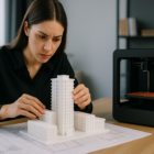 Architect reviewing a detailed 3D-printed building model alongside blueprints and printer.