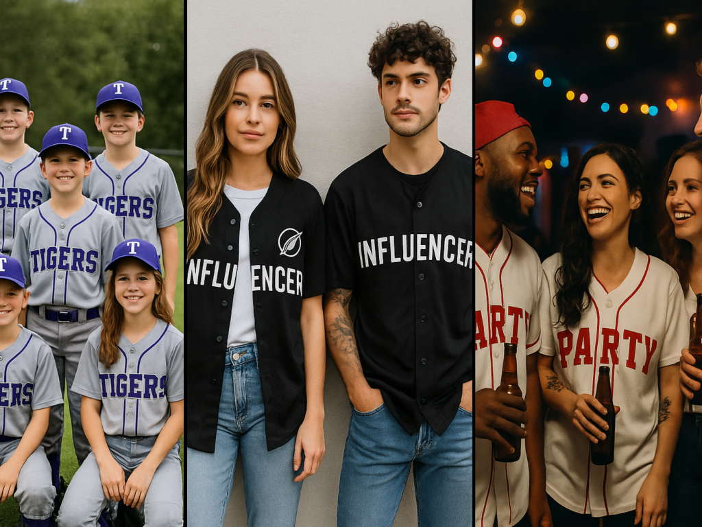 Different groups including youth teams, influencers, and partygoers wearing custom baseball jerseys.

