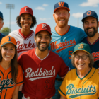 A baseball team wearing custom-designed jerseys celebrates on the field with fans cheering in the background.