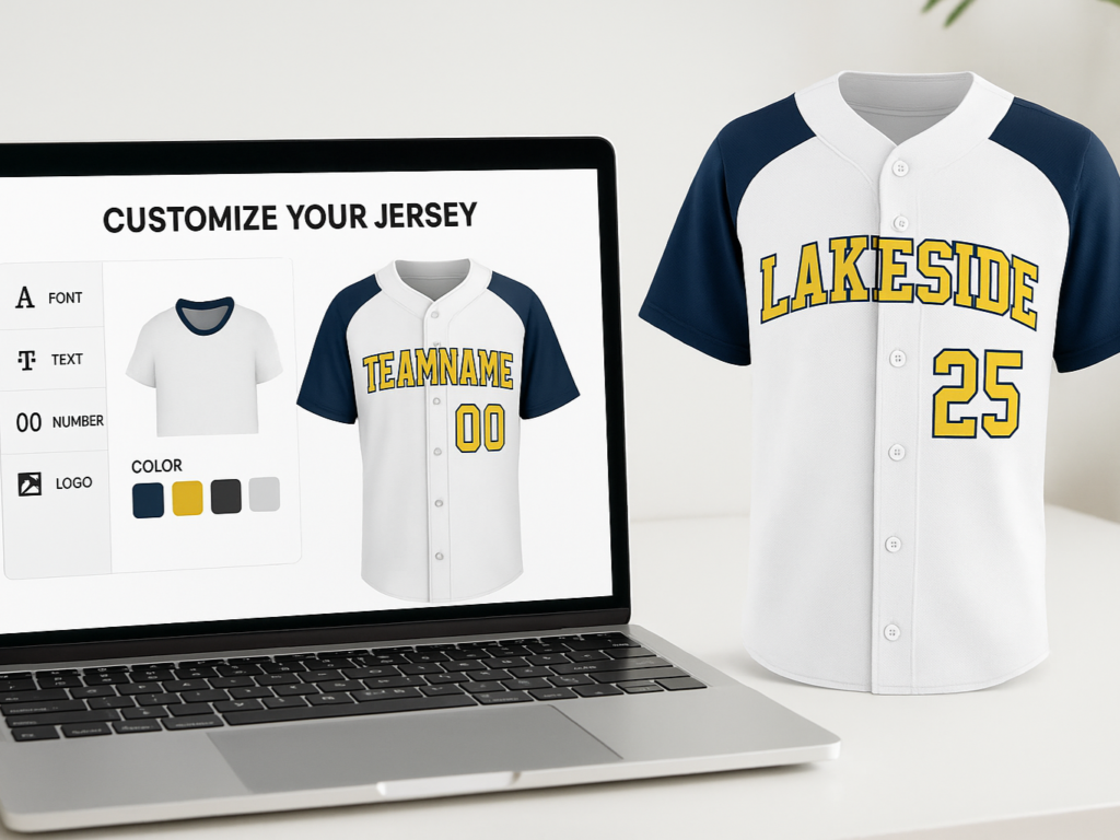 An online design tool for baseball jerseys on a laptop beside a physical jersey mockup.

