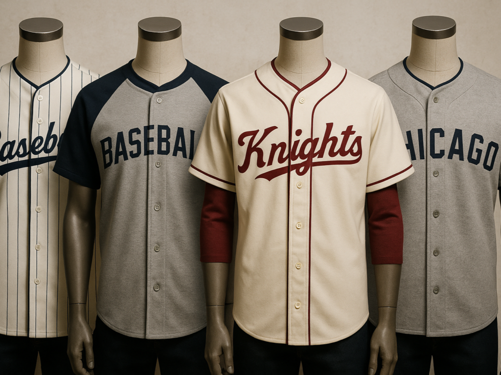 Four different baseball jersey styles displayed side-by-side on mannequins.

