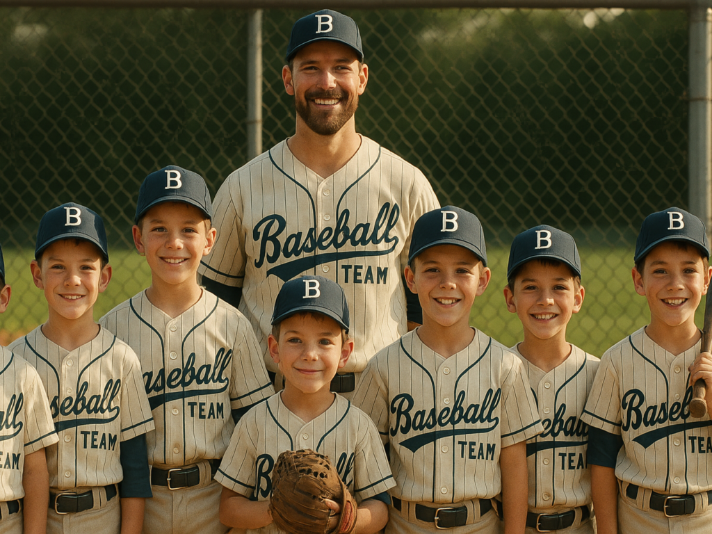 Youth baseball team in pinstripe jerseys designed on a budget, posing on a field.

