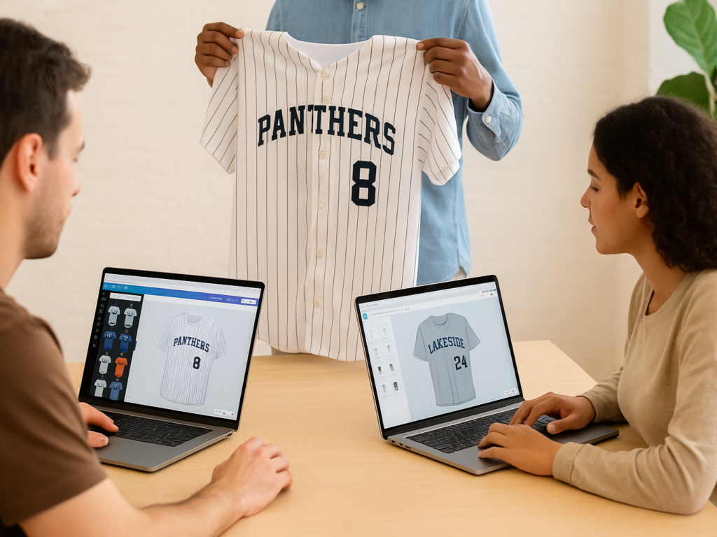 People using free online tools to design custom baseball jerseys together.

