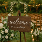 Elegant wedding signage displayed at an outdoor ceremony with floral accents and a welcome sign reading “Welcome to Our Beginning.”