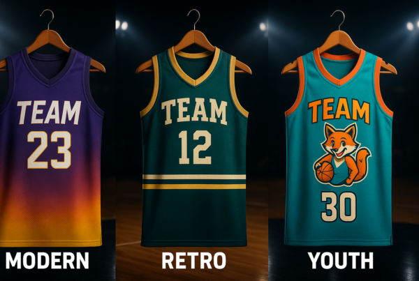 Cover image showing three custom basketball jerseys: one modern with gradient design, one retro with vintage fonts, and one youth-themed with playful colors and a mascot logo, displayed against a dramatic basketball court background.
