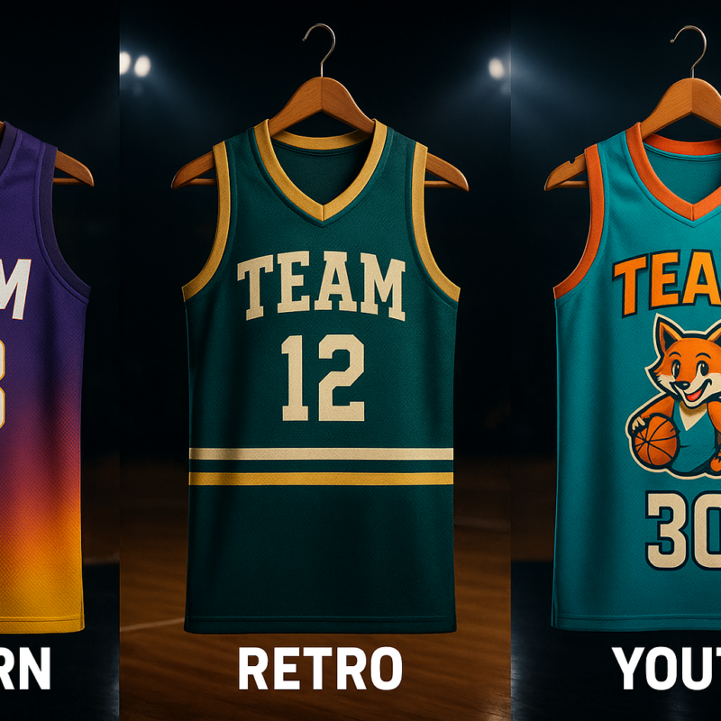 Cover image showing three custom basketball jerseys: one modern with gradient design, one retro with vintage fonts, and one youth-themed with playful colors and a mascot logo, displayed against a dramatic basketball court background.