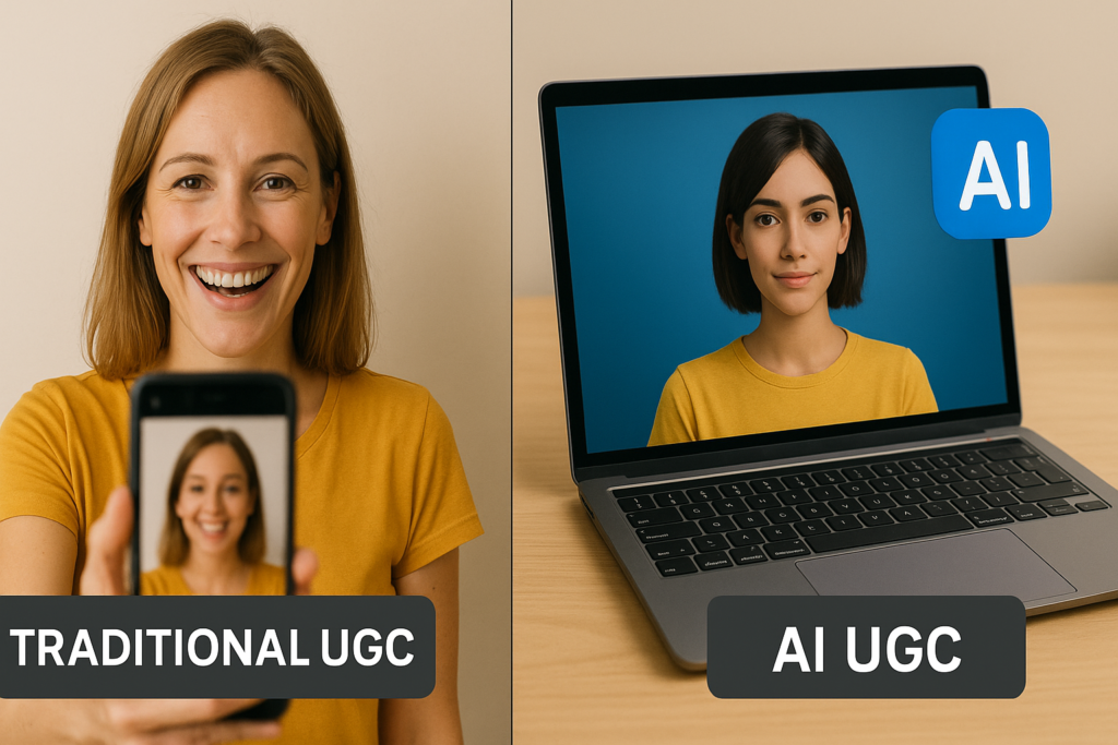 Visual comparison of traditional user-generated video recorded on a smartphone beside AI-generated content created on a laptop.

