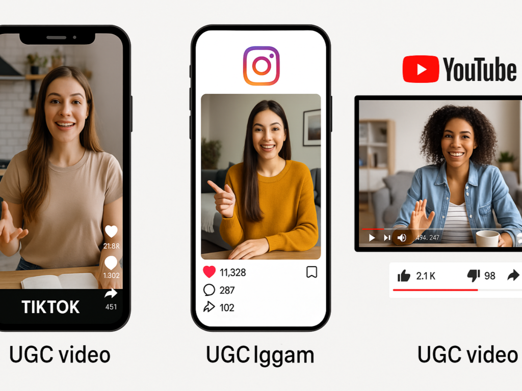 UGC video ads posted on TikTok, Instagram, and YouTube with high engagement metrics and icons representing their popularity.

