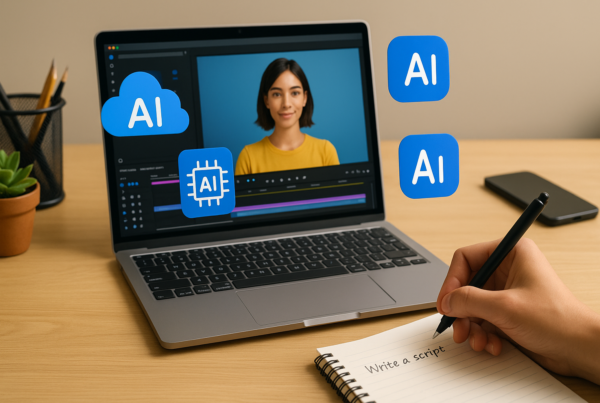 A modern desk setup showing a laptop with AI video editing software, digital avatar, and handwritten script notes — symbolizing the AI-driven UGC video creation process.