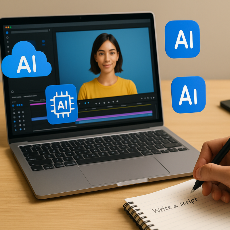 A modern desk setup showing a laptop with AI video editing software, digital avatar, and handwritten script notes — symbolizing the AI-driven UGC video creation process.