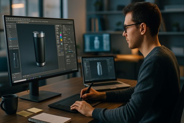 Creative workspace showing a designer working on a 3D product animation at a computer, with photorealistic product models displayed on screen, surrounded by digital design tools in a modern studio environment.
