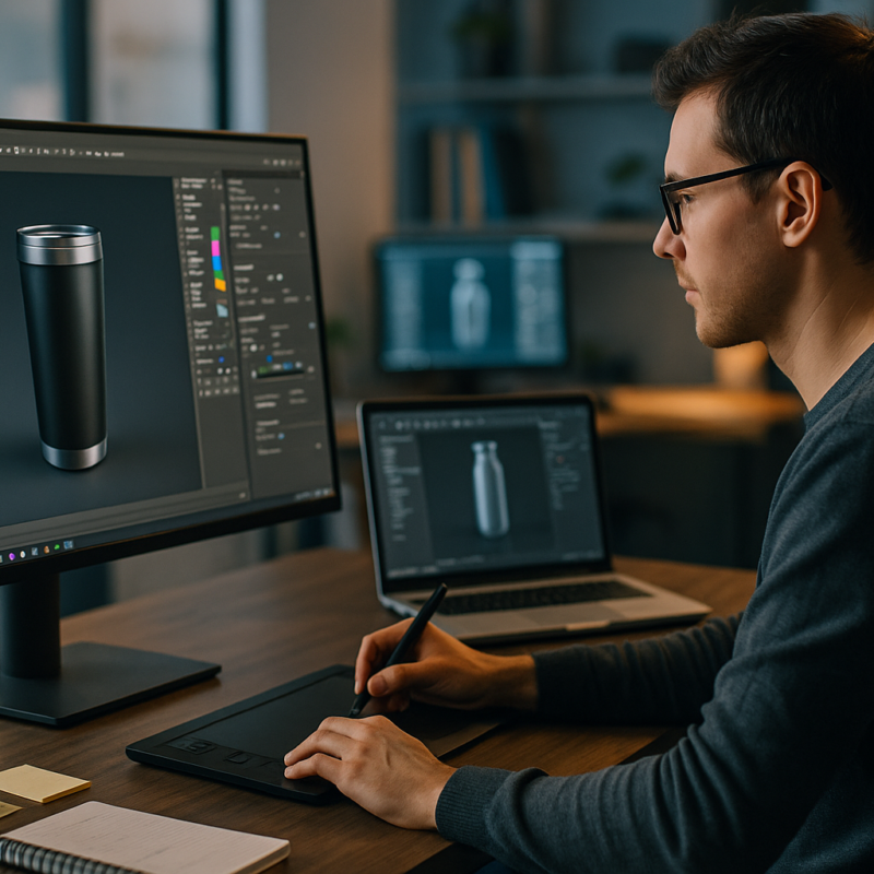 Creative workspace showing a designer working on a 3D product animation at a computer, with photorealistic product models displayed on screen, surrounded by digital design tools in a modern studio environment.