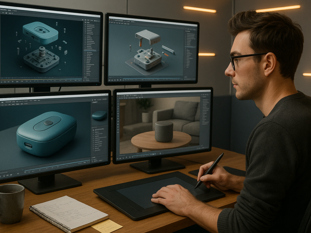 Creative 3D animation studio showing different types of product animations on multiple screens, including exploded view, assembly sequence, feature demonstrations, and lifestyle scenes, in a modern workspace with a 3D artist at work.