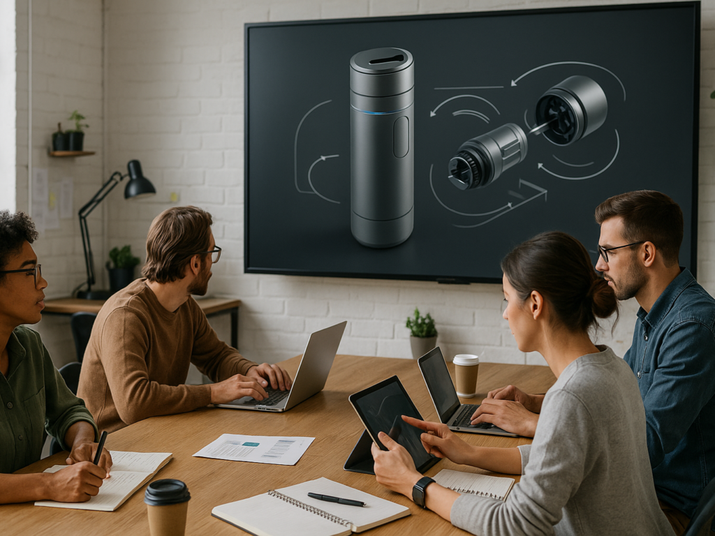 A professional presentation scene where a team discusses 3D product animation strategies. A large screen shows a polished 3D animation of a product in action, with team members pointing at it and taking notes. The room has a creative, tech-savvy atmosphere with laptops, tablets, and brainstorming sketches around.

