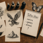 Stylish flat lay of tattoo design sketches, ink, and needles on a rustic table