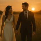 Bride and groom walking through a field at sunset, perfect for a cinematic wedding video edit.