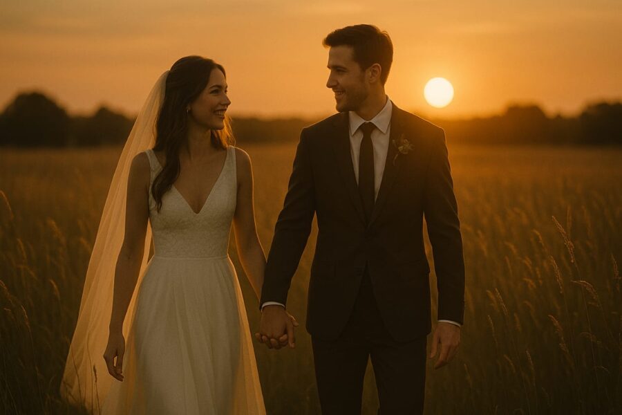 Bride and groom walking through a field at sunset, perfect for a cinematic wedding video edit.