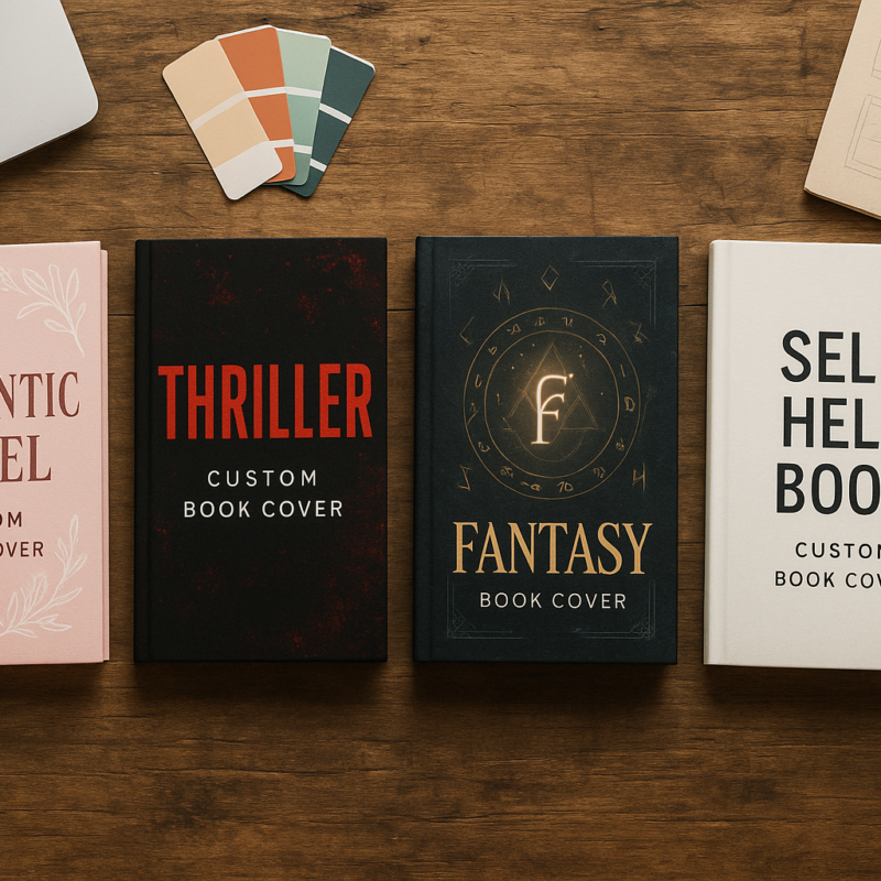 A selection of custom-designed book covers spread across a wooden desk, showcasing different genres like romance, thriller, fantasy, and self-help, with design tools and coffee in the background.