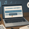 A digital cover design showing a video editor interface on a computer screen, highlighting an audio waveform with background music tracks being isolated or muted. Icons for sound waves, music notes, and a muted speaker float around the scene. The setting includes headphones, a microphone, and a coffee cup on a tidy desk, symbolizing audio editing. The overall design is clean and modern, reflecting simplicity and clarity in the audio editing process.