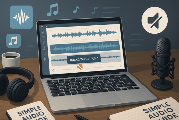 A digital cover design showing a video editor interface on a computer screen, highlighting an audio waveform with background music tracks being isolated or muted. Icons for sound waves, music notes, and a muted speaker float around the scene. The setting includes headphones, a microphone, and a coffee cup on a tidy desk, symbolizing audio editing. The overall design is clean and modern, reflecting simplicity and clarity in the audio editing process.