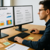 A marketer reviews A/B testing results and edits ad copy on dual monitors, surrounded by notes and CTA drafts, aiming to improve underperforming ads.