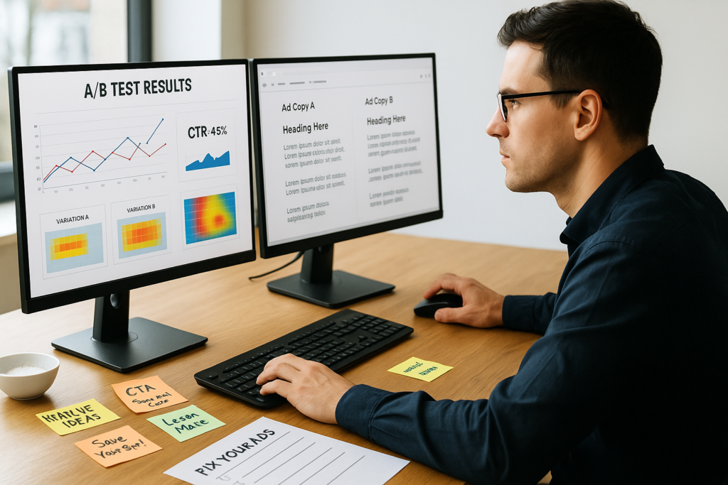 A marketer reviews A/B testing results and edits ad copy on dual monitors, surrounded by notes and CTA drafts, aiming to improve underperforming ads.