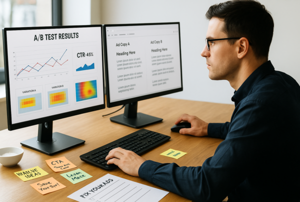 A marketer reviews A/B testing results and edits ad copy on dual monitors, surrounded by notes and CTA drafts, aiming to improve underperforming ads.