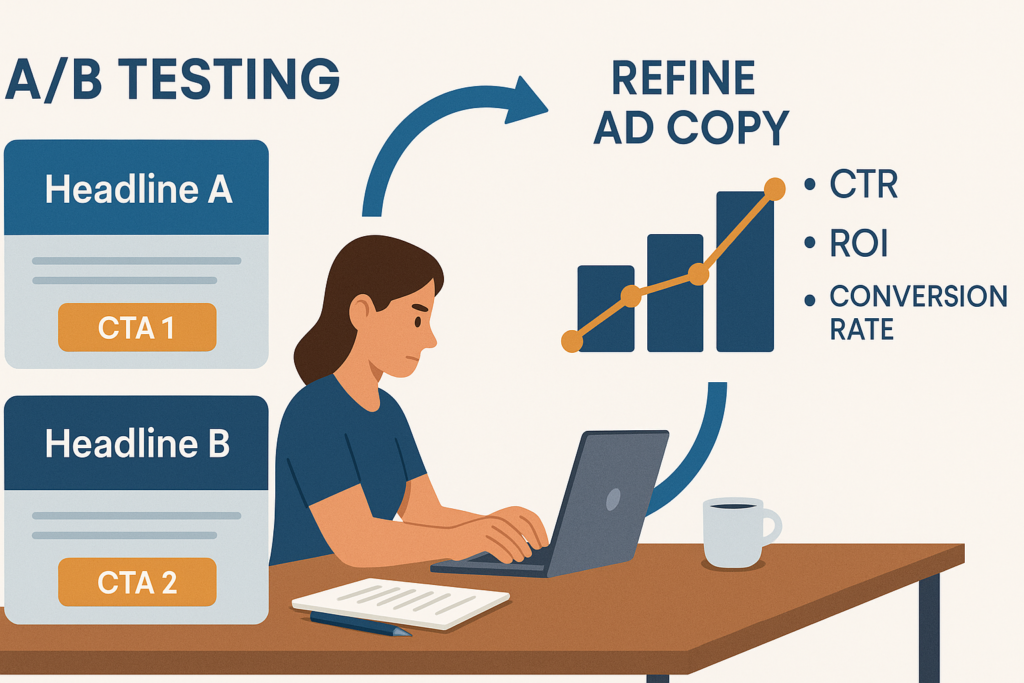 A digital marketing graphic showing A/B testing, with focus on testing different ad elements like headlines and CTAs. The image emphasizes key metrics like CTR and ROI, highlighting the importance of performance data in refining ad copy for long-term success.