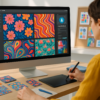 Designer using pattern design software on a computer screen, showcasing colorful seamless patterns, with fabric swatches and mood boards in a bright and creative studio.