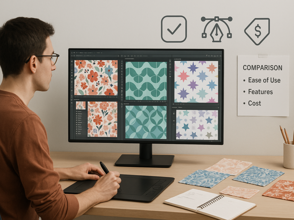 Designer analyzing different pattern design software interfaces on a digital screen, surrounded by fabric samples, feature checklists, and pricing notes in a creative studio workspace.