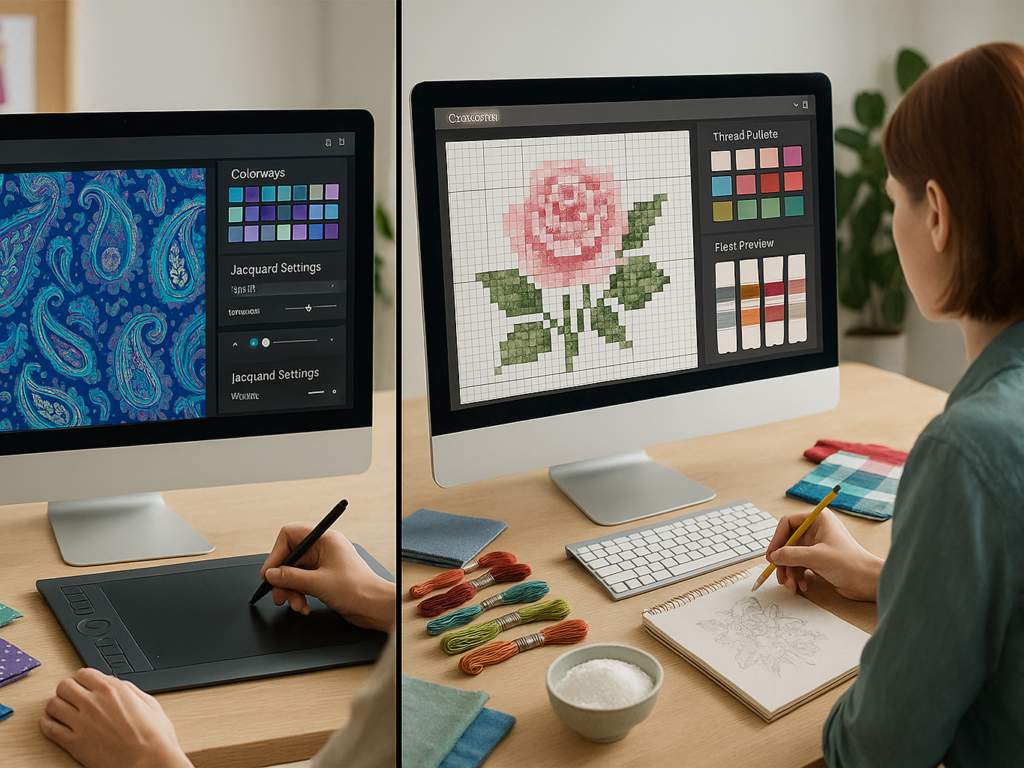 Creative workspace featuring a textile designer working on fabric patterns and a cross-stitch artist charting a design with thread colors, highlighting specialized pattern software tools and workflows.